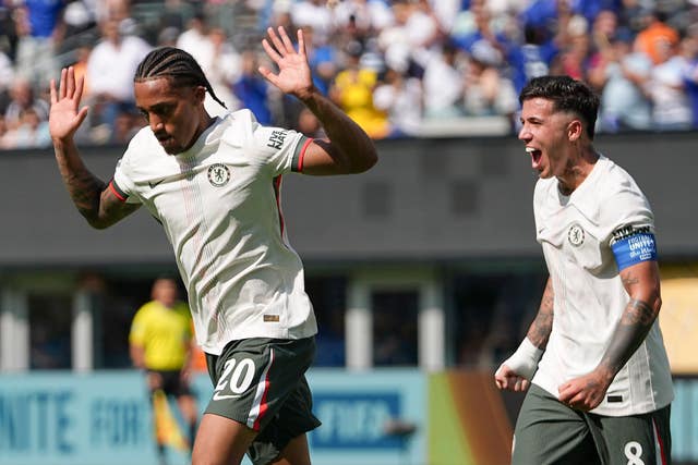 Chelsea’s Joao Pedro (left) and Enzo Fernandez celebrate the opening goal in their Club World Cup win over Fluminense