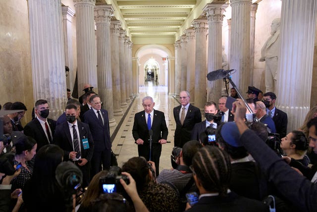 Israeli prime minister Benjamin Netanyahu speaks to the media on Capitol Hill in Washington