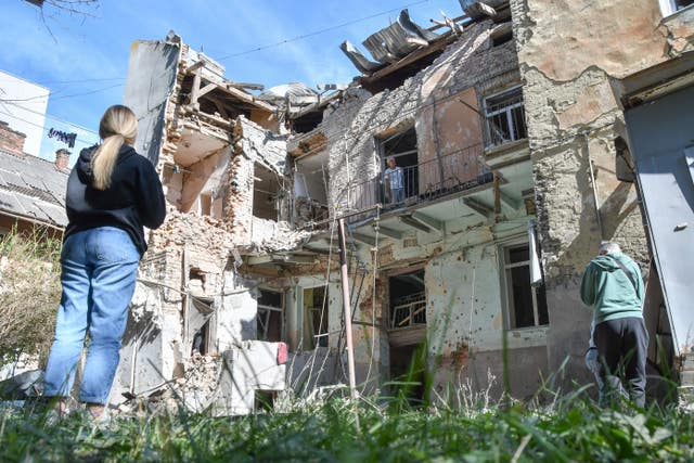 A damaged residential building after a Russian air attack in Lviv