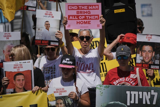 Relatives and supporters of Israeli hostages held in the Gaza Strip attend a protest outside the prime minister’s office in Jerusalem demanding their release from Hamas captivity and calling for an end to the war