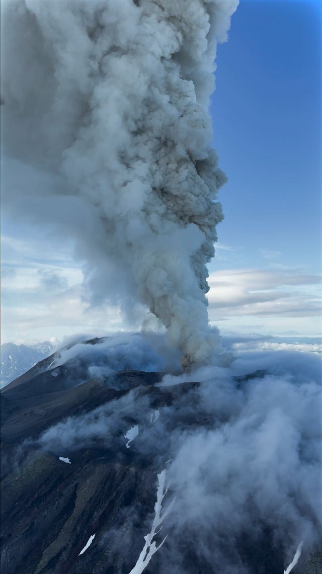 An aerial view of the eruption of the Krasheninnikov volcano