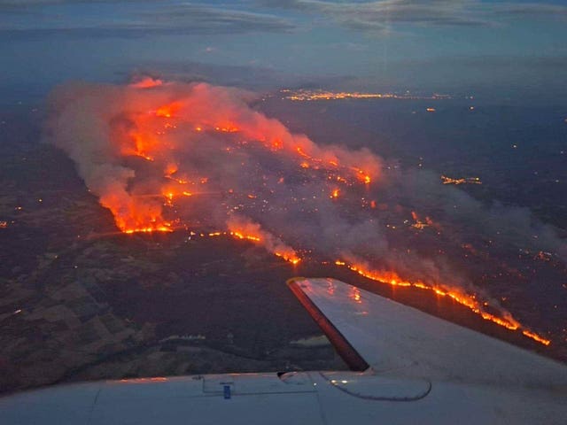 An aerial view of the wildfire in a Mediterranean region near the Spanish border, southern France