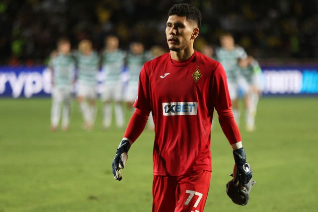 Kairat’s goalkeeper Temirlan Anarbekov prepares for the penalty shoot-out against Celtic