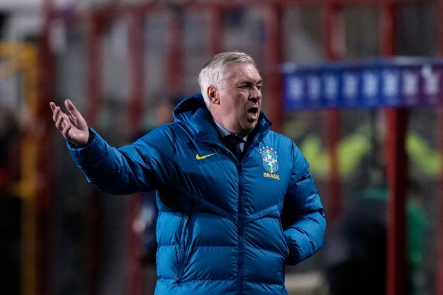 Carlo Ancelotti reacts during Brazil's World Cup qualifying defeat in Bolivia