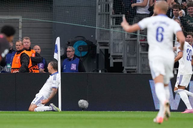 Copenhagen’s Jordan Larsson celebrates after scoring in the Champions League against and Bayer Leverkusen
