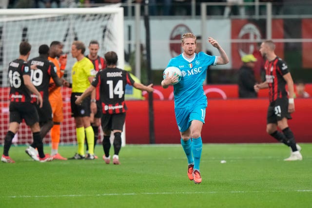 Kevin De Bruyne celebrates after scoring Napoli's opener at AC Milan on Sunday