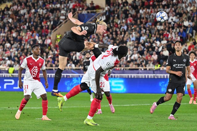 Erling Haaland heads home his second goal of the contest
