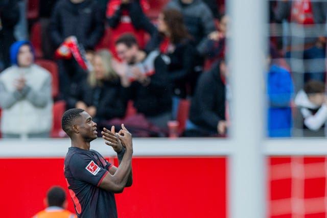 Bayer Leverkusen’s Christian Kofane celebrates scoring