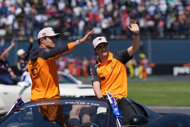 McLaren driver Lando Norris of Britain, left, and team-mate Oscar Piastri of Australia
