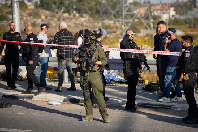 Israeli security forces securing the area near the West Bank Jewish settlement of Gush Etzion