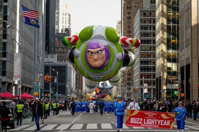 The Buzz Lightyear balloon floats down Sixth Avenue during the Macy’s Thanksgiving Day Parade in New York