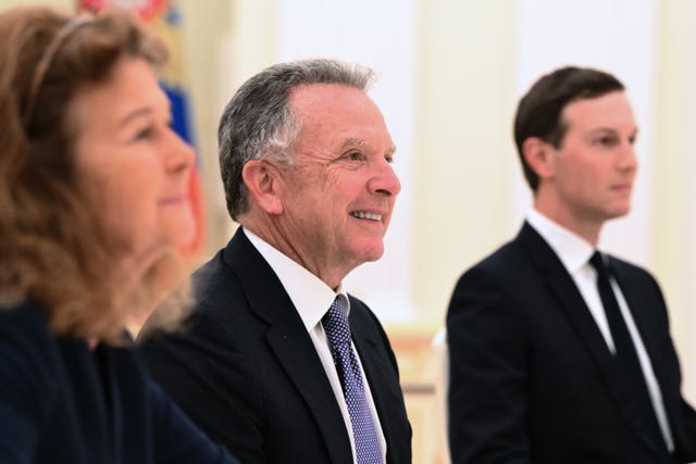 US special envoy Steve Witkoff, centre, and Jared Kushner, US President Donald Trump’s son-in-law, right, attending talks in Moscow