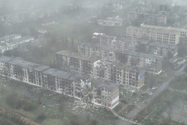 Aerial view of the heavily-bombed city of Myrnohrad in eastern Ukraine’s Donetsk region