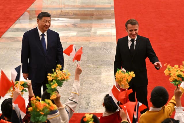 Emmanuel Macron during a welcome ceremony at the Great Hall of the People in Beijing
