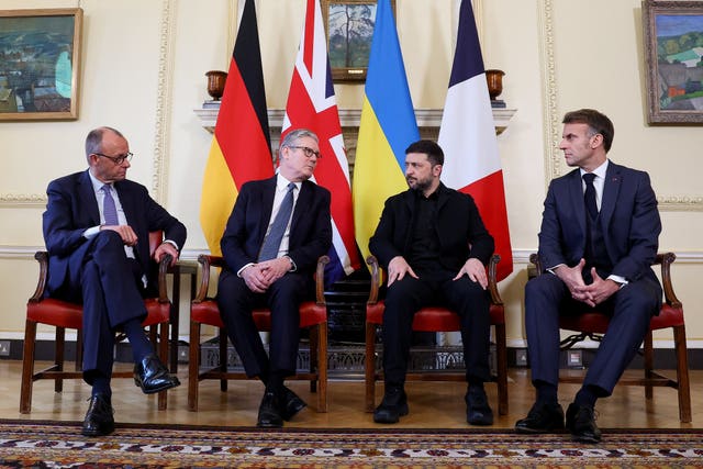 German chancellor Friedrich Merz, left to right, Prime Minister Sir Keir Starmer, Ukrainian president Volodymyr Zelensky and French president Emmanuel Macron sat on chairs in 10 Downing Street, in London