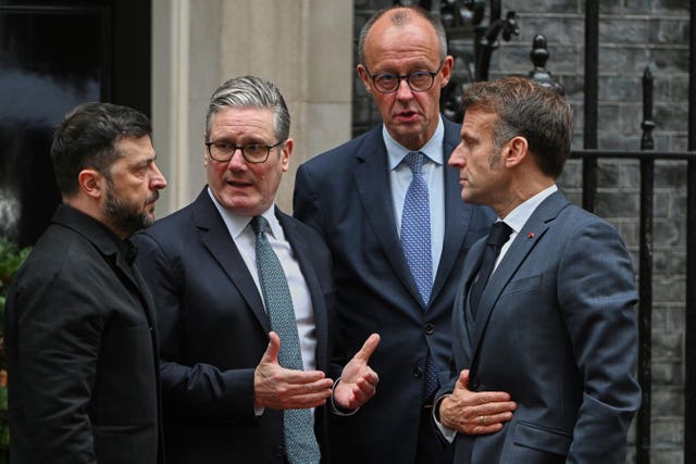 Ukrainian president Volodymyr Zelensky, left, with Prime Minister Sir Keir Starmer, left centre, German chancellor Friedrich Merz, right centre, and French president Emmanuel Macron, right, talk on the doorstep of 10 Downing Street, London