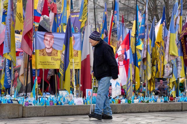 An improvised memorial to fallen soldiers killed in the Russia-Ukraine war in Kyiv