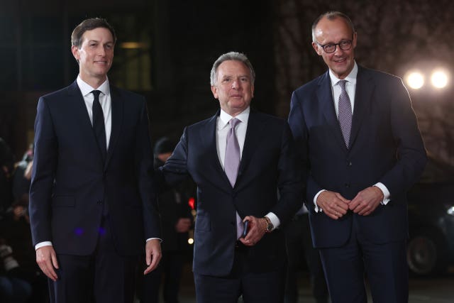Friedrich Merz, right, US special envoy Steve Witkoff, centre, and US president Donald Trump's son-in-law Jared Kushner