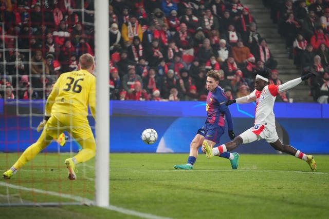 Barcelona’s Fermin Lopez scores against Slavia Prague