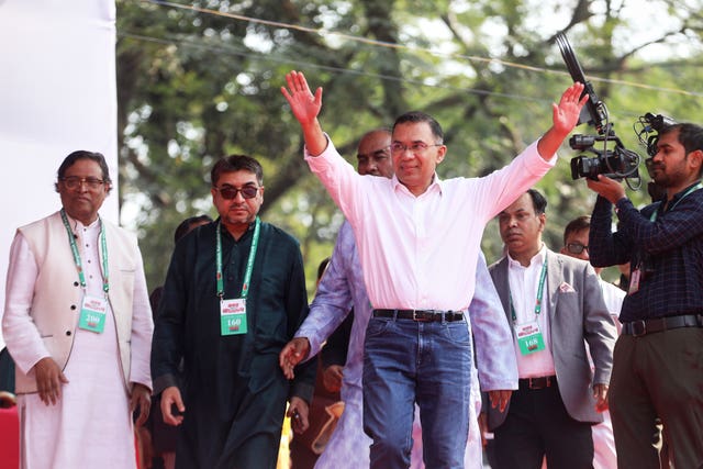 Tarique Rahman, son of former prime minister Khaleda Zia and chairman of the BNP greets supporters at a campaign rally in Sylhet, Bangladesh