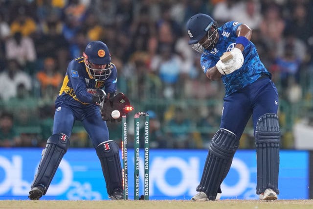 Rehan Ahmed is bowled for 13