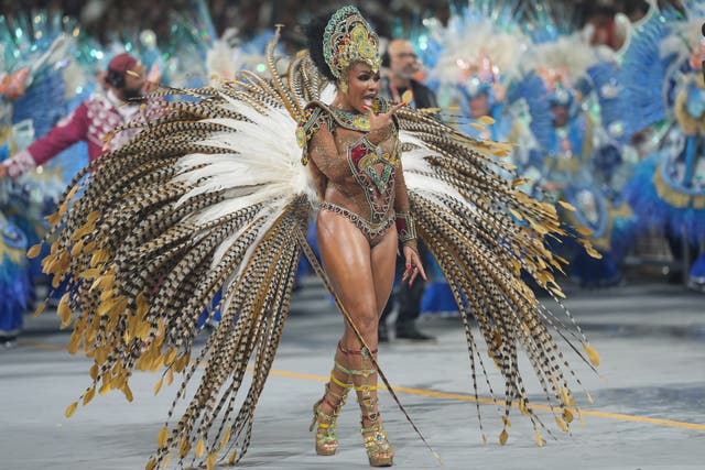 Brazil Carnival dancer in feathered costume