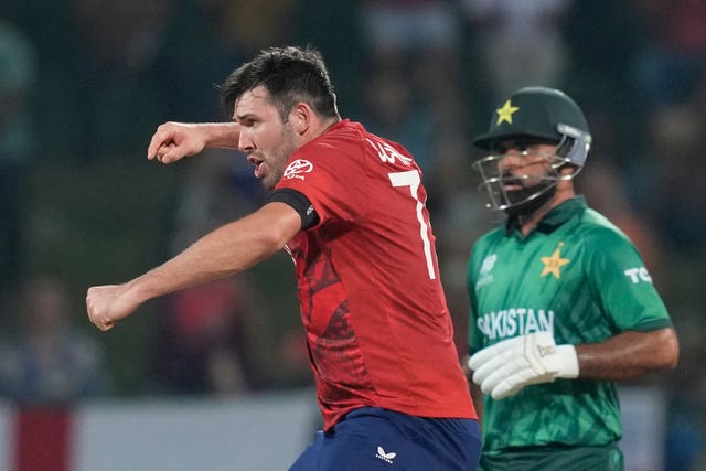 England’s Jamie Overton, left, celebrates the wicket of Pakistan’s Sahibzada Farhan, not pictured