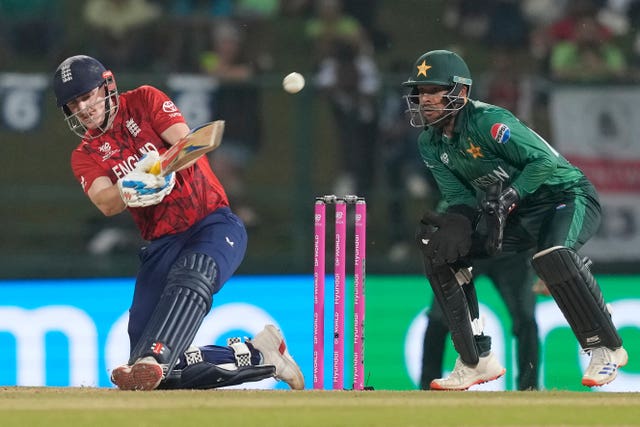 England captain Harry Brook sweeps during his century against Pakistan