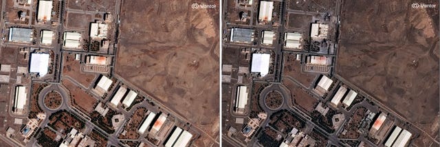 In this combo from satellite images provided by Vantor shows is a view of Natanz nuclear facility on March 1 2026, left, and with damage on March 2 2026 in Iran