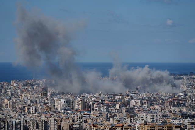 Smoke rises following an Israeli air strike in Beirut’s southern suburbs