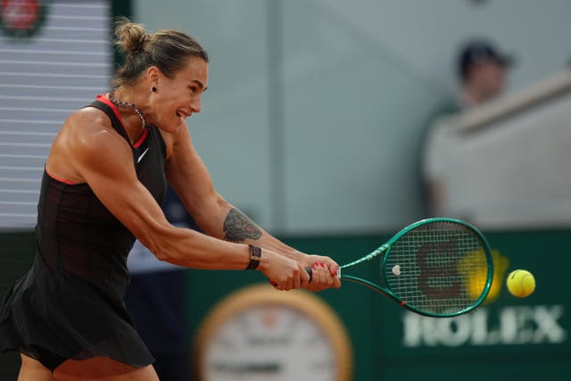 Aryna Sabalenka strikes a backhand