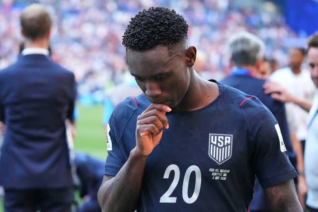 United States’ Folarin Balogun walks off the pitch after the 4-1 defeat by Belgium