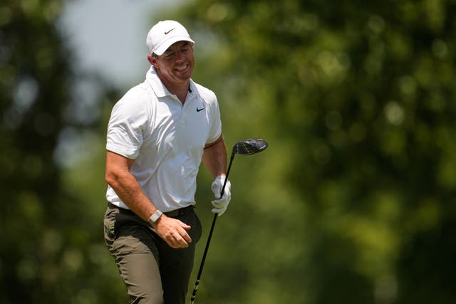 Rory McIlroy reacts to his tee shot during the 2026 St. Jude Championship in Memphis