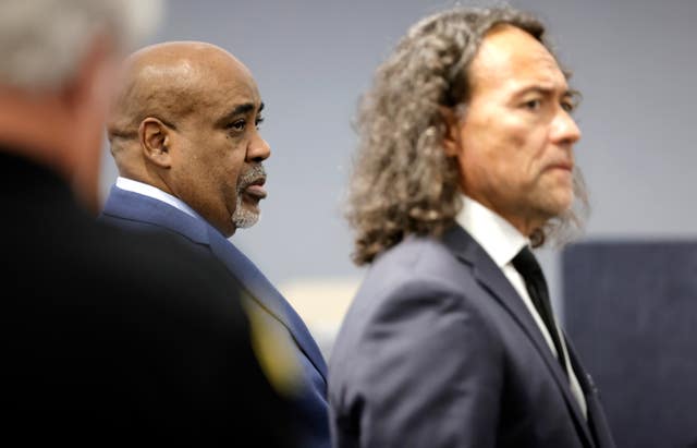 Duane Davis, left, appears in court with his lawyer Michael Sanft during opening arguments in his murder trial, related to the 1996 killing of rapper Tupac Shakur, at Clark County District Court Regional Justice Centre in Las Vegas