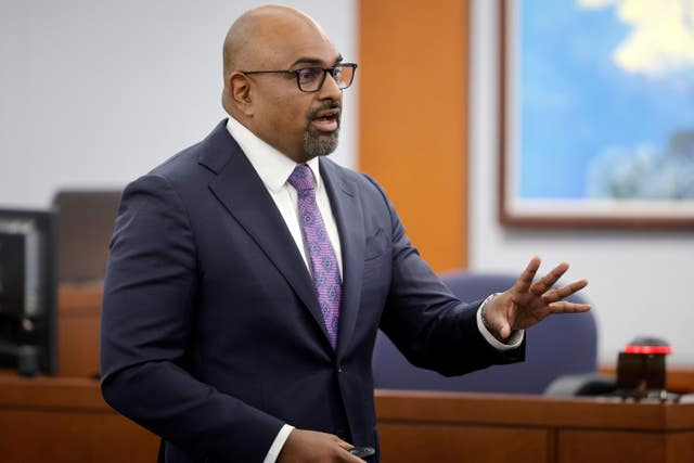 Chief deputy district attorney Binu Palal gives an opening statement during the Duane Davis murder trial, related to the 1996 killing of rapper Tupac Shakur, at Clark County District Court Regional Justice Centre in Las Vegas