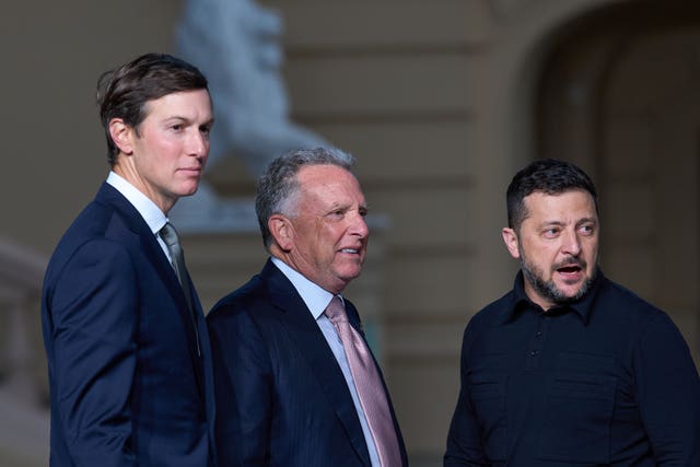 Ukraine’s President Volodymyr Zelensky, right, with Steve Witkoff, centre, and Jared Kushner, US President Donald Trump’s envoys, in Kyiv, Ukraine, on September 6