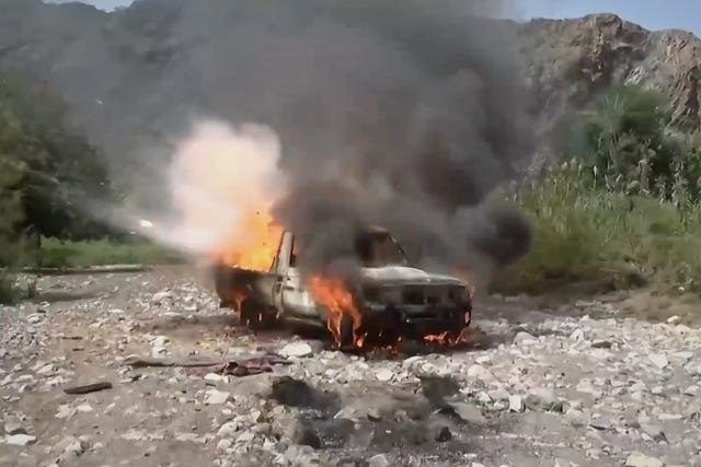 A vehicle burns in Yemen