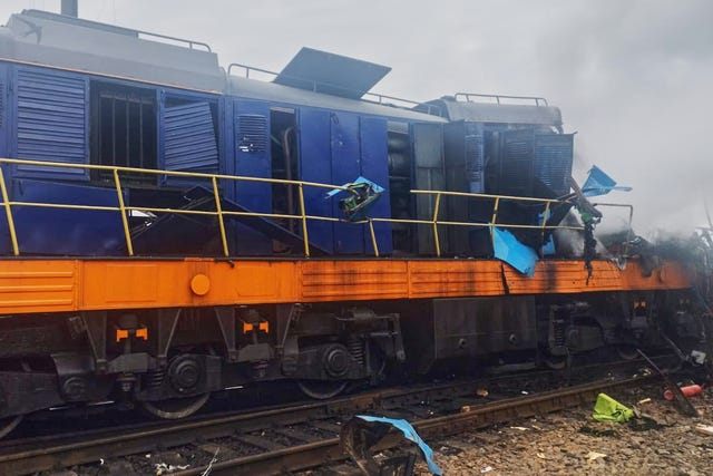 In this photo provided by the Ukrainian Ukrzaliznytsia Railway Company Press Office, a locomotive damaged in a Russian drone attack is seen at Yahodyn railway station near Ukraine’s border with Poland,