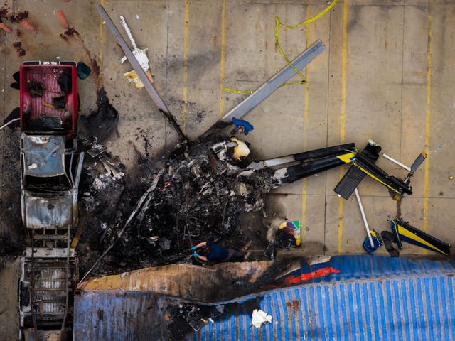 A view of the burnt-out wreckage of the helicopter from above