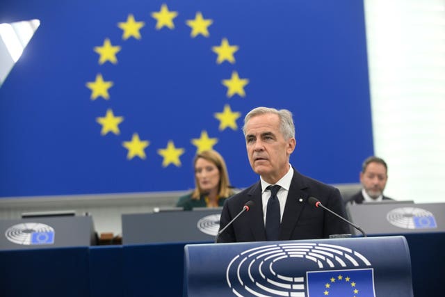 Mark Carney delivers a speech during a formal sitting at the European Parliament in Strasbourg