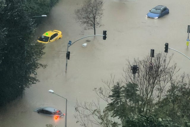 Vehicles stranded on a partially flooded road during the heavy rain in Istanbul, Turkey