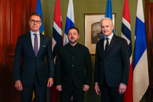 Ukrainian President Volodymyr Zelensky, centre, with Norwegian Prime Minister Jonas Gahr Store and Finnish President Alexander Stubb, left, in Oslo, Norway