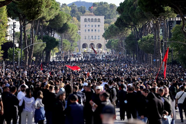 Protesters gather during an anti-government rally, in Tirana, Albania