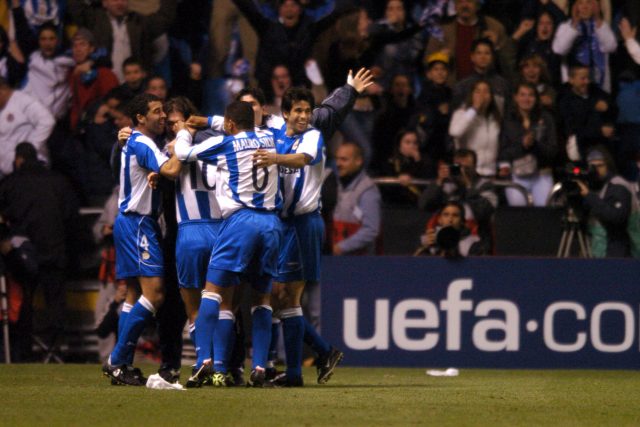 Deportivo La Coruna's players celebrate the fourth goal scored by Fran