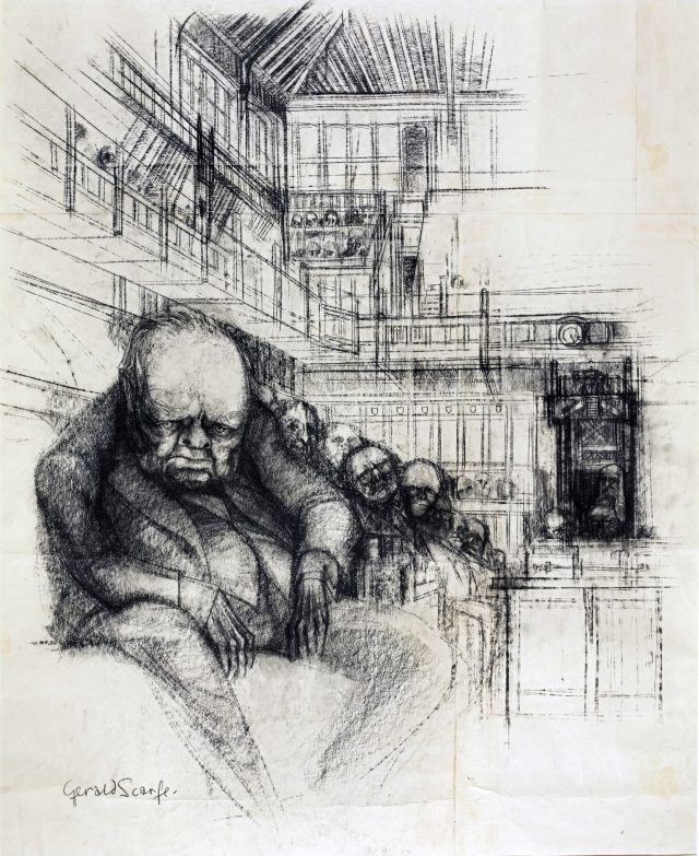 Cartoon showing former prime minister Sir Winston Churchill during his final appearance in the House of Commons in 1964