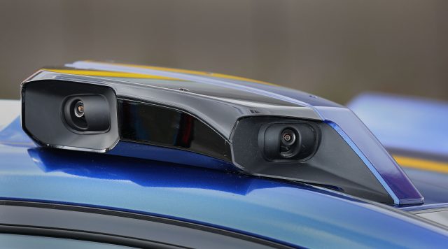 Two roof mounted cameras on a prototype Nissan Leaf driverless car