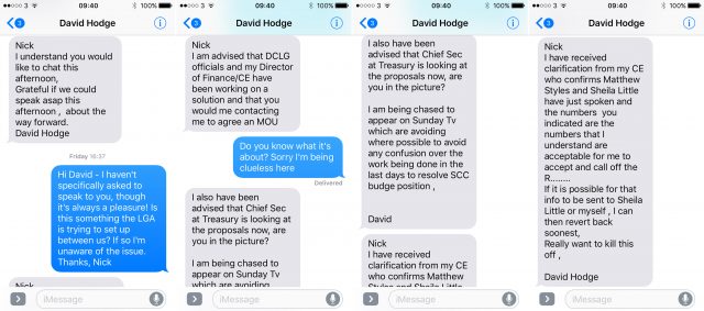 Leaked text messages Jeremy Corbyn used to accuse the Government of offering a deal on social care funding to Surrey County Council (Handout/PA)