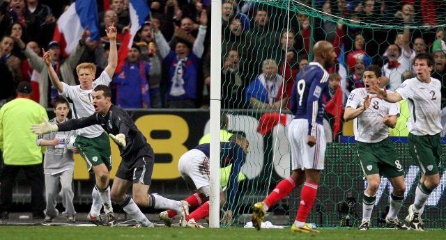 Republic of Ireland's Shay Given (left) appeals for handball after France's Thierry Henry (centre) set up Williams Gallas' winning goal during the FIFA World Cup Qualifying Play Off in 2009 (Martin Rickett/PA)