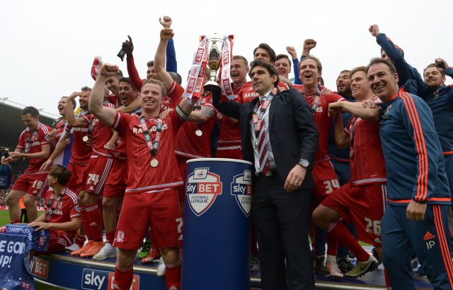 Aitor Karanka and the Middlesbrough players celebrate promotion 