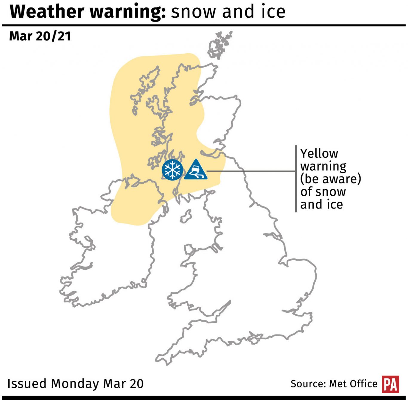 Met Office weather warning for snow and ice (PA Graphics)